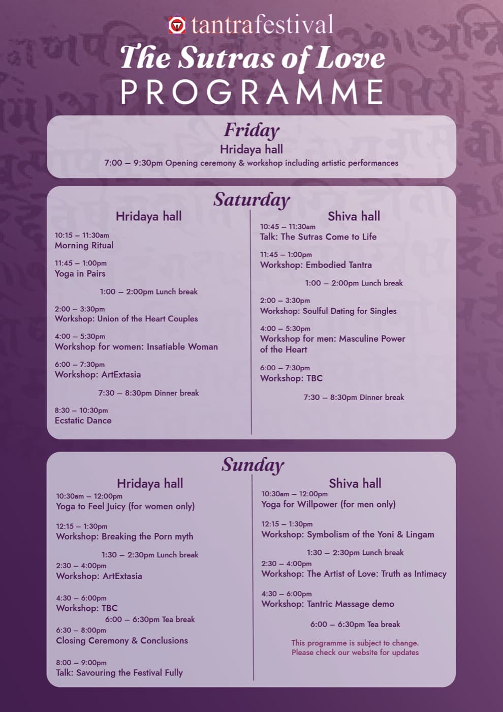 Tantra Festival 2026 programme: The Sutras of Love, 13 to 15 November